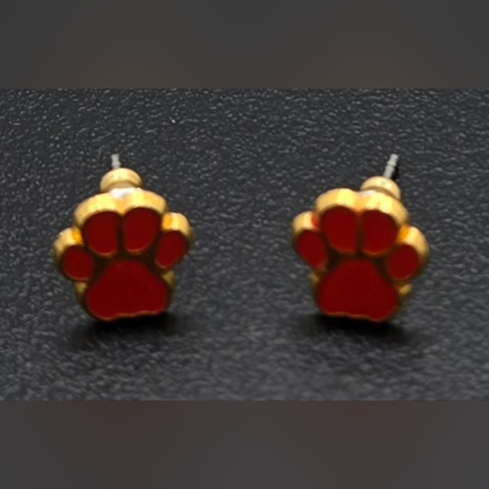 🐶 Paw Print Stud Earrings Gold Tone & Orange Enamel .25" Square